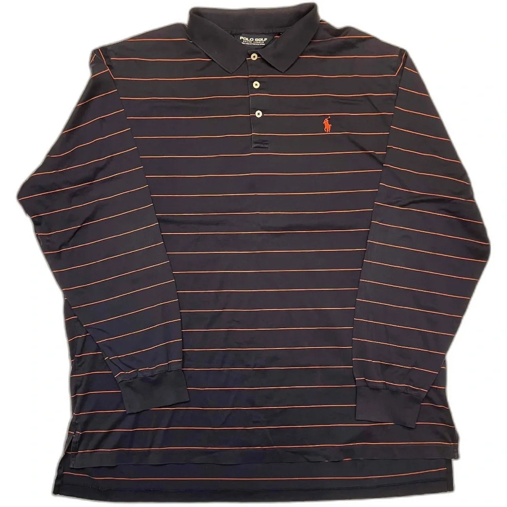 Polo Golf Ralph Lauren Navy‎ Blue and Red Striped Shirt 100% Prima Cotton XXL